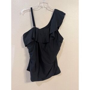 Black One Shoulder Ruffle Tankini Top Plus Size 18W Ruched Slimming Swimwear